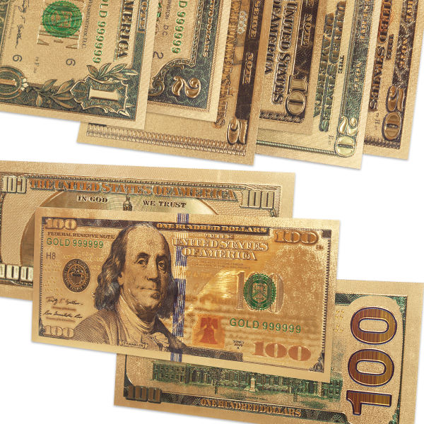 Zestaw 8 złotych banknotów DOLAR o nominałach  1, 2, 5, 10, 20, 50, 2x100
