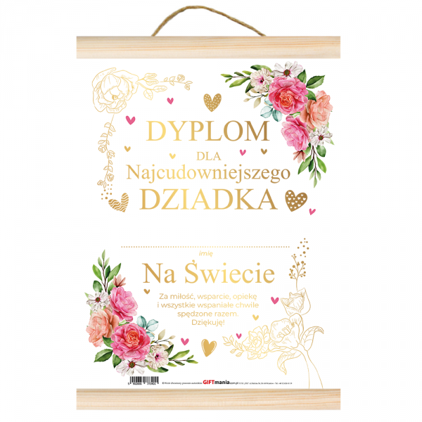 Pozłacany Dyplom A4 z drewnianymi listewkami &quot;Dyplom dla Najcudowniejszego Dziadka&quot;