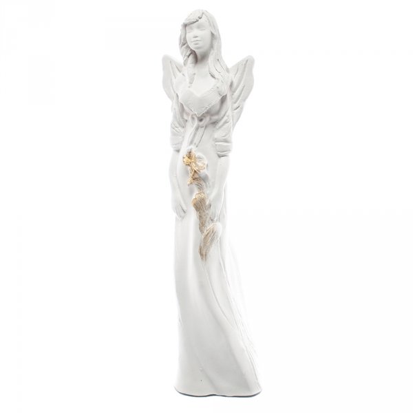 Anioł gipsowy Lilia, złote skrzydła i kwiaty, h 35 cm