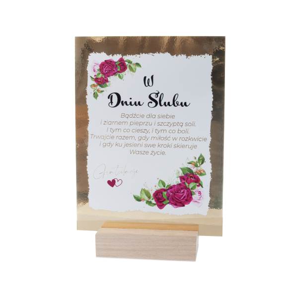 Ramka szklana złota z wierszykiem W DNIU ŚLUBU z drewnianą podstawką. 17x4.2x24 cm
