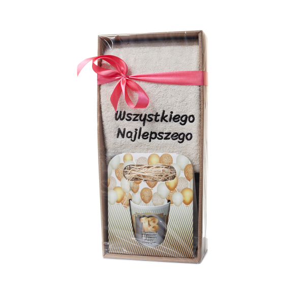 Zestaw upominkowy na 18 URODZINY ręcznik i kubek w ozdobnym opakowaniu. 18.5x9.5x41 cm