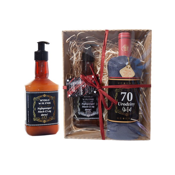 Zestaw prezentowy 70  URODZINY  ręcznik w kształcie butelki i mydło w płynie